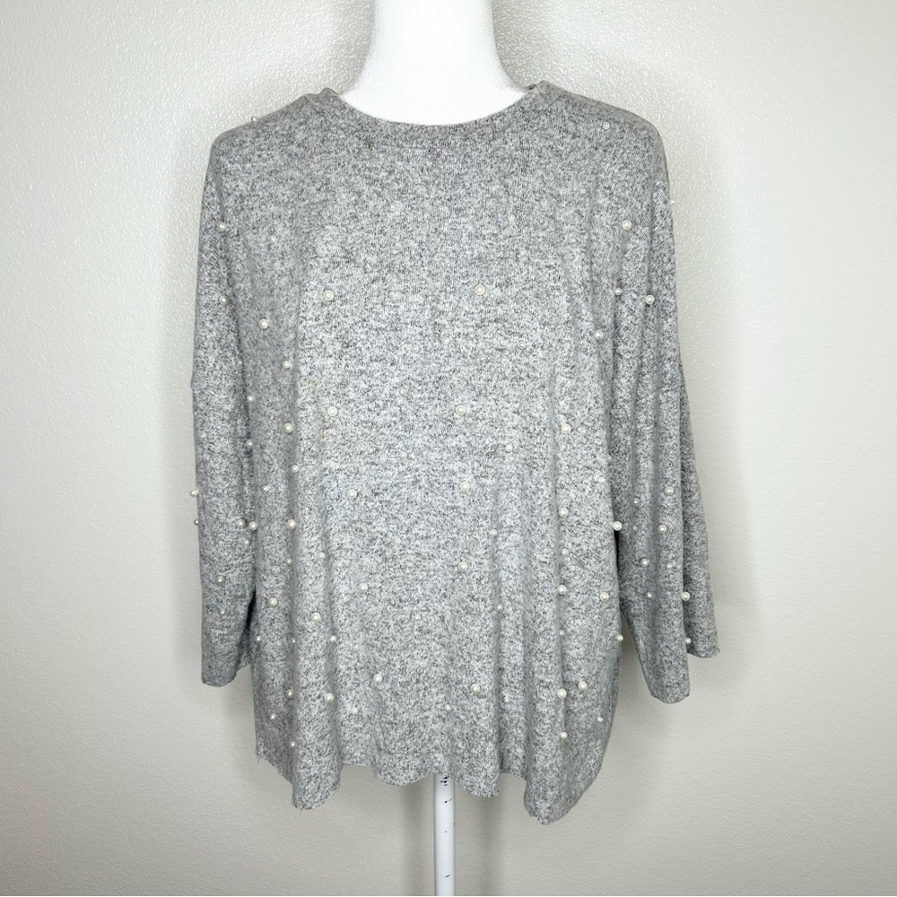 ZARA Trafaluc Soft Knit Gray Embellished Pearls Crewneck Relaxed Boxy Sweater L